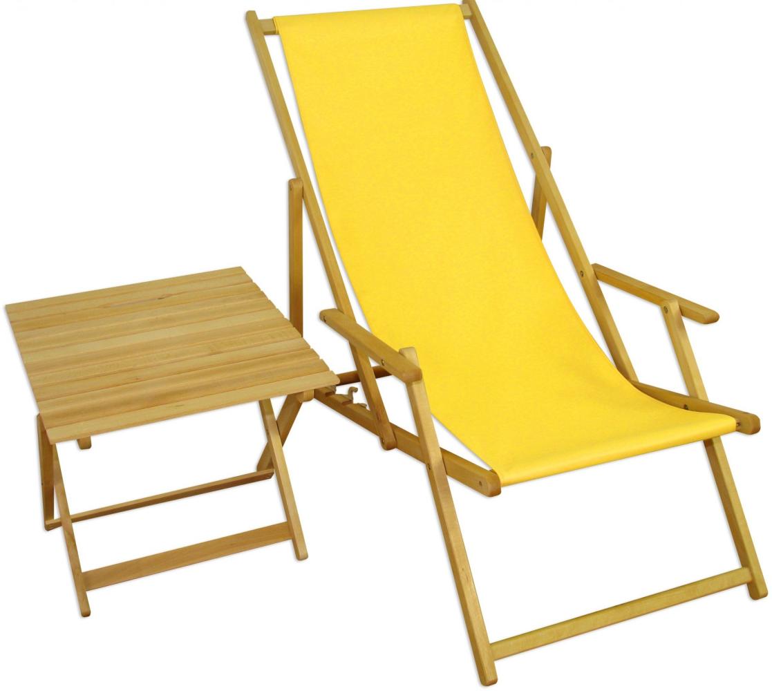 Strandstuhl gelb Gartenliege Strandliege Deckchair Tisch Liegestuhl Holz hell klappbar 10-302NT Bild 1