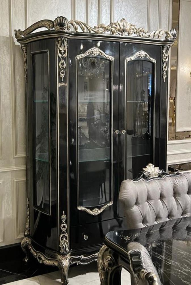 Casa Padrino Luxus Barock Vitrine Schwarz / Silber - Prunkvoller Massivholz Vitrinenschrank mit 2 Glastüren - Handgefertigte Barock Möbel - Edel & Prunkvoll Bild 1