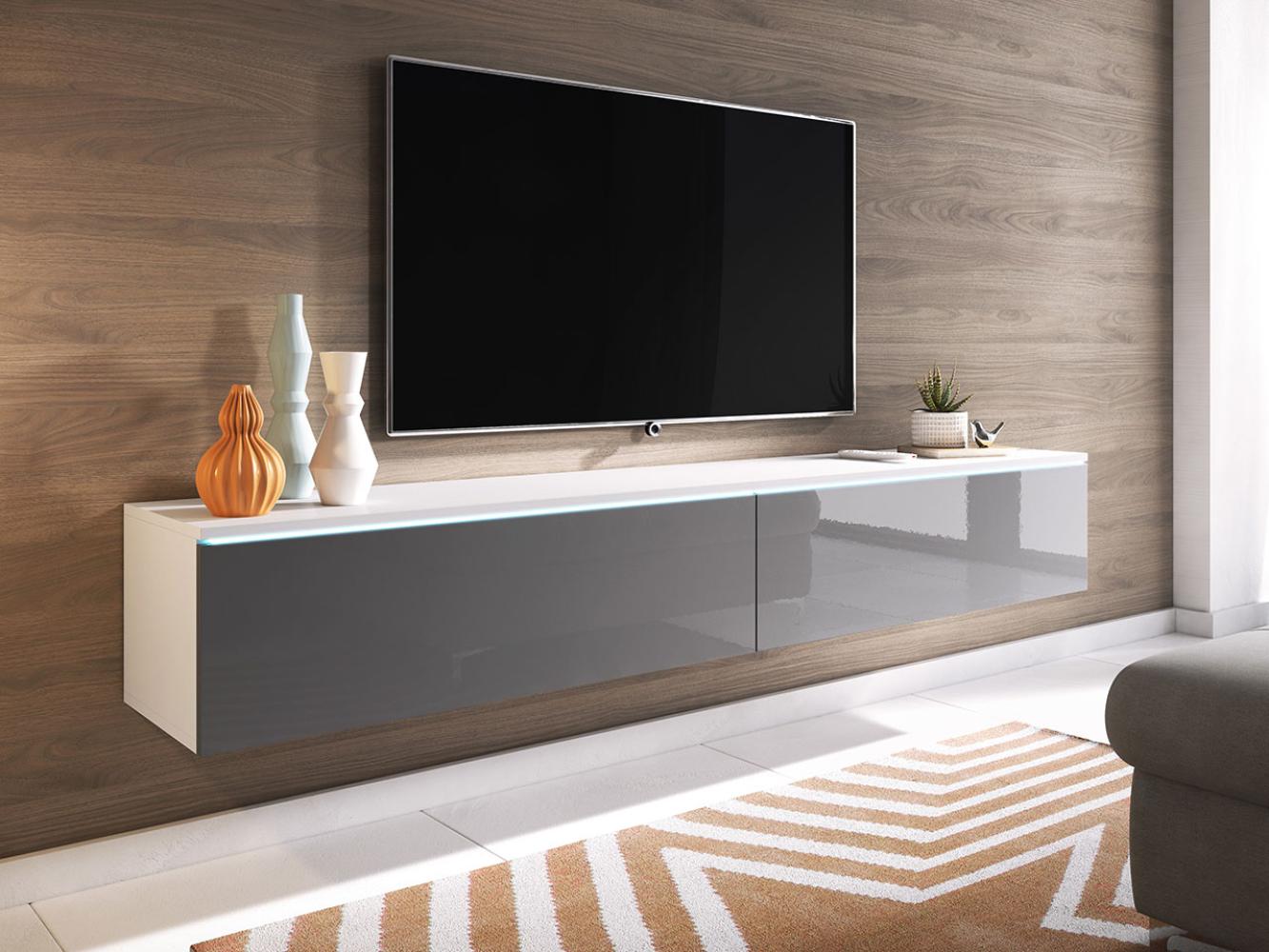 TV-Lowboard Stone 180, mit weißer LED Beleuchtung, Farbe: Weiß / Grau Hochglanz Bild 1