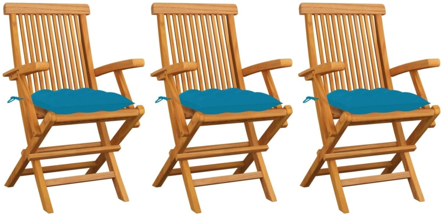 Gartenstühle mit Hellblauen Kissen 3 Stk. Massivholz Teak Bild 1