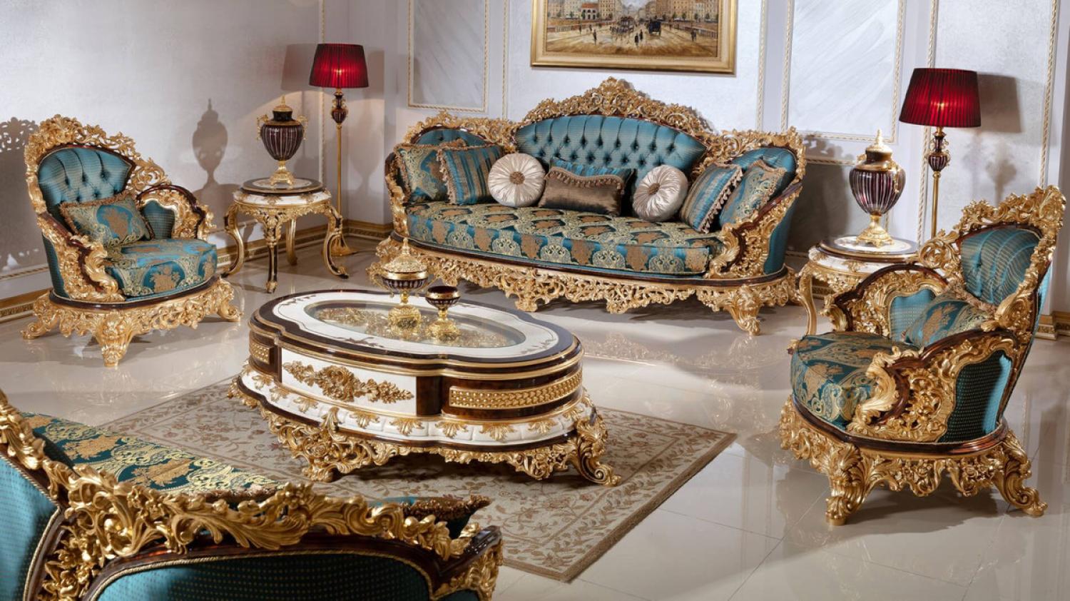 Casa Padrino Luxus Barock Wohnzimmer Set Blau / Weiß / Braun / Gold - 2 Sofas & 2 Sessel & 1 Couchtisch & 2 Beistelltische - Handgefertigte Wohnzimmer Möbel im Barockstil - Edel & Prunkvoll Bild 1
