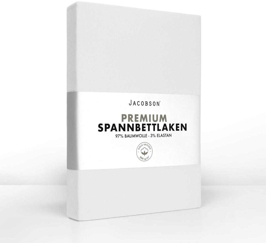 Jacobson Jersey Spannbettlaken Spannbetttuch Baumwolle Bettlaken (Premium 200x220 cm, Weiss) Bild 1