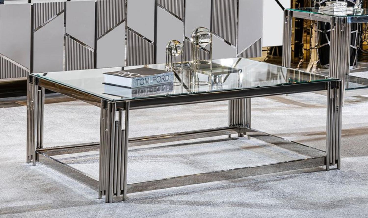 Casa Padrino Luxus Couchtisch Silber 120 x 80 x H. 45 cm - Rechteckiger Wohnzimmertisch mit Glasplatte - Luxus Wohnzimmer Möbel - Luxus Hotel Möbel Bild 1