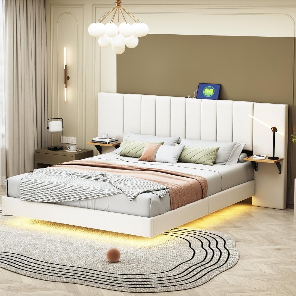 Merax Polsterbett 160*200 cm, Verdecktes Fußteil, Doppelbett, Verlängertes und Vergrößertes Kopfteil, mit Seitlichen Ablagen, mit USB-Ladeanschluss, mit LED-Leiste, Leinenstoff, Beige Bild 1