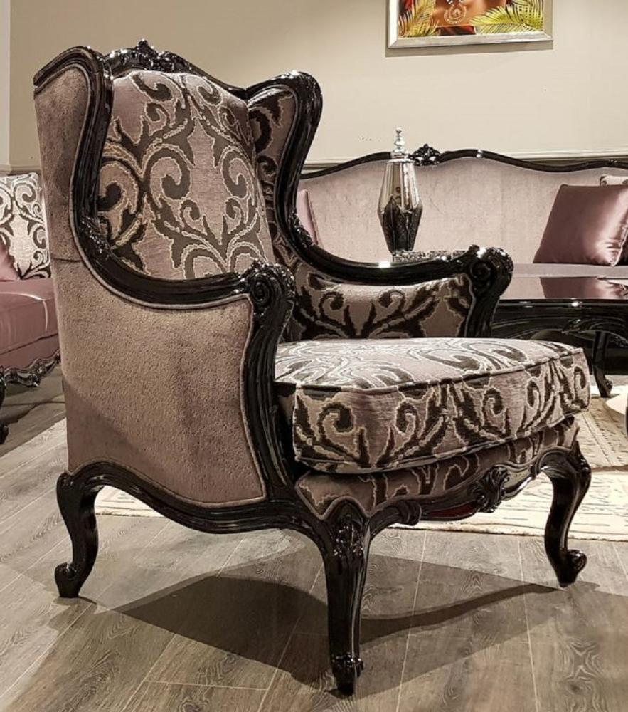 Casa Padrino Luxus Barock Ohrensessel Rosa / Schwarz - Prunkvoller Wohnzimmer Sessel mit elegantem Muster - Wohnzimmer Möbel im Barockstil Bild 1