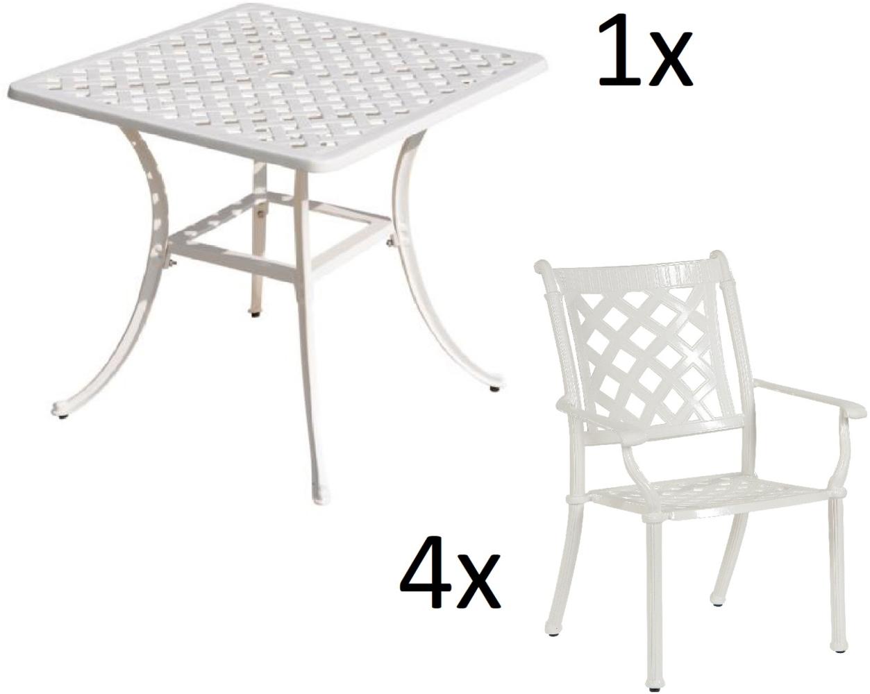 Inko 5-teilige Sitzgruppe Aluminium Guss weiß Tisch 80x80cm mit 4 Sesseln Tisch 80x80 cm mit 4x Sessel Duke Bild 1