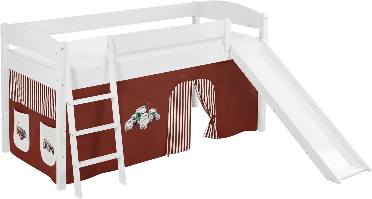 Lilokids 'Ida 4105' Spielbett 90 x 200 cm, Trecker Braun Beige, Kiefer massiv, mit Rutsche und Vorhang Bild 1
