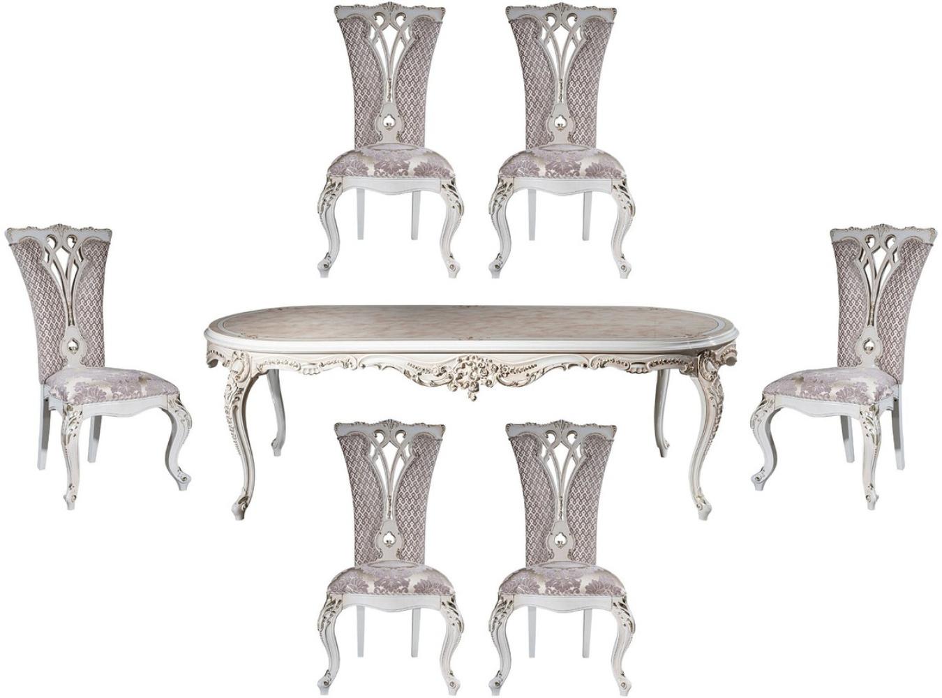 Casa Padrino Luxus Barock Esszimmer Set Lila / Beige / Weiß / Gold - 1 Ovaler Esstisch & 6 Esszimmerstühle mit elegantem Muster - Barock Esszimmer Möbel - Edel & Prunkvoll Bild 1