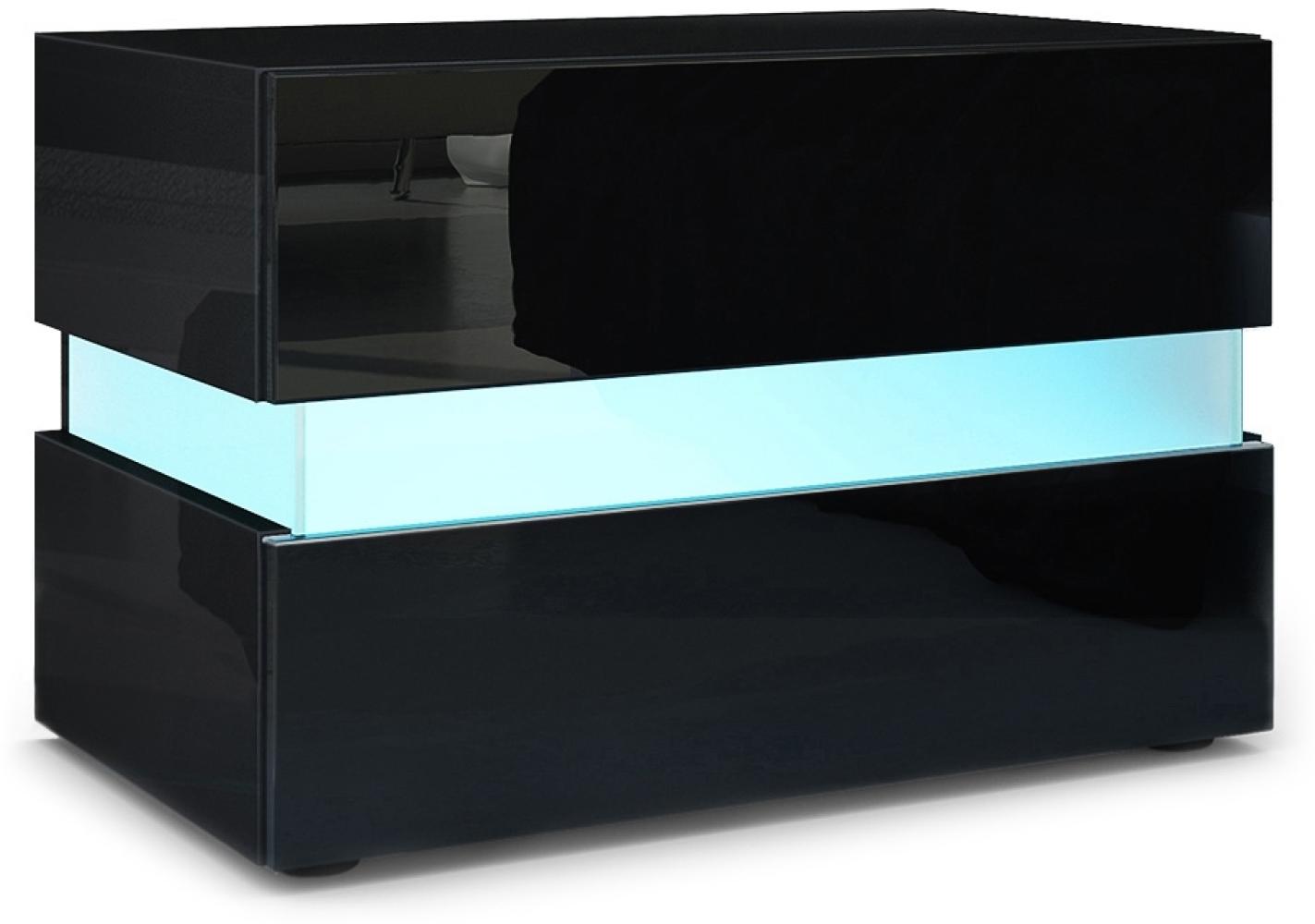 Vladon Nachttisch Flow, Nachttischschrank mit Schublade, Schwarz Hochglanz/Schwarz Hochglanz, inkl. LED-Beleuchtung (60 x 45 x 39 cm) Bild 1