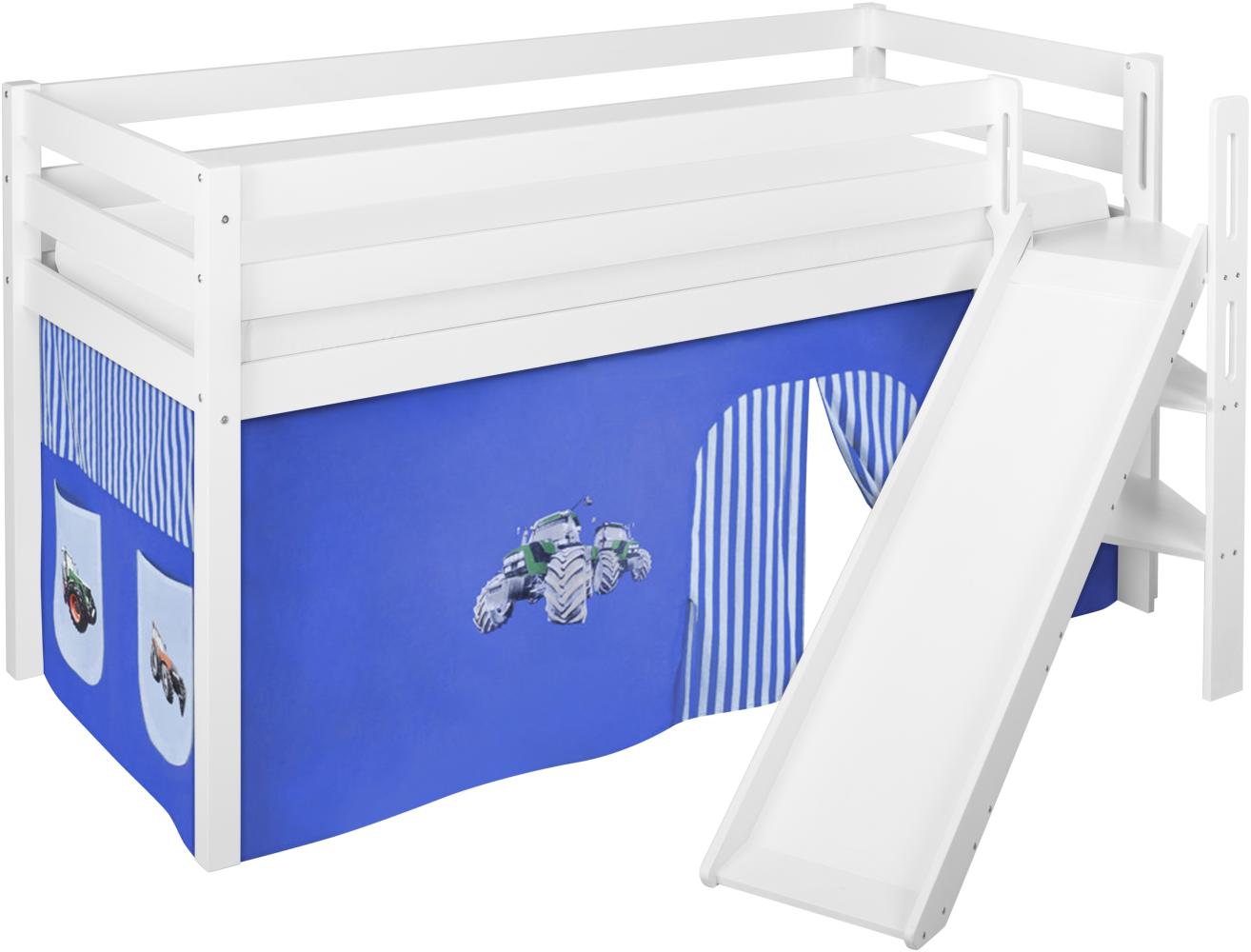 Lilokids 'Jelle' Spielbett 90 x 200 cm, Trecker Blau, Kiefer massiv, mit schräger Rutsche und Vorhang Bild 1