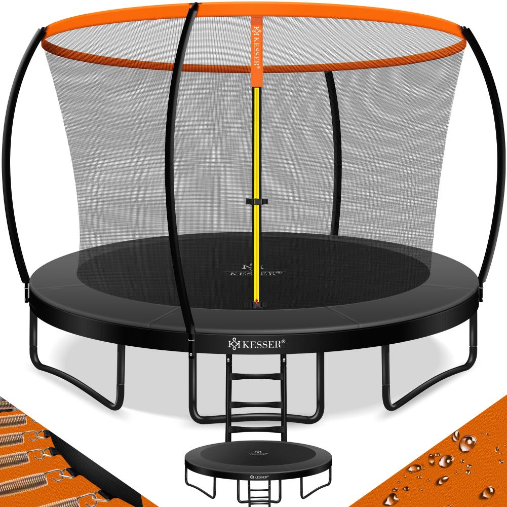 KESSER® Trampolin Gartentrampolin | TÜV Rheinland GS Zertifiziert | Kindertrampolin bis 150 kg | Komplettset mit Sicherheitsnetz, Leiter, Randabdeckung & Zubehör 366 cm, Orange / Anthrazit Bild 1