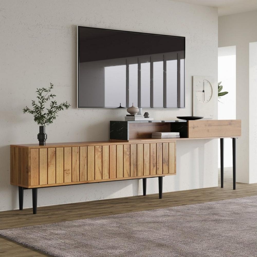 Merax Lowboard mit Tischplatte in Marmoroptik und Metallbeine, TV-Schrank stapelbar, TV-Board Länge verstellbar, Bis 200cm Bild 1