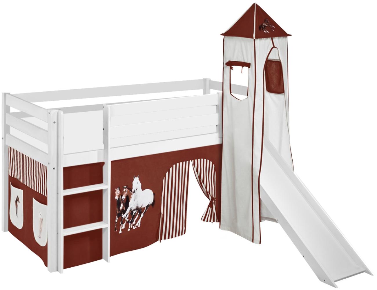 Lilokids 'Jelle' Spielbett 90 x 190 cm, Pferde Braun Beige, Kiefer massiv, mit Turm, Rutsche und Vorhang Bild 1