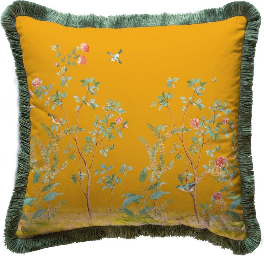 Casa Padrino Luxus Deko Kissen Sträucher mit Blumen & Vögel Gelb / Mehrfarbig / Grün 45 x 45 cm - Bedrucktes Samt Kissen mit Fransen - Luxus Deko Accessoires Bild 1