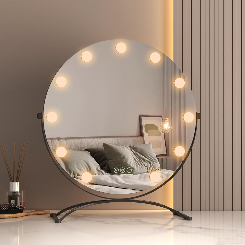 EMKE Runder Schminkspiegel Hollywood Spiegel mit Beleuchtung LED Tischspiegel, mit Touch, 3 Lichtfarben,11 Dimmbaren LED-Leuchtmitteln,7 x Vergrößerungsspiegel,Memory-Funktion, 360° Drehbar,Schwarz,50 cm Bild 1