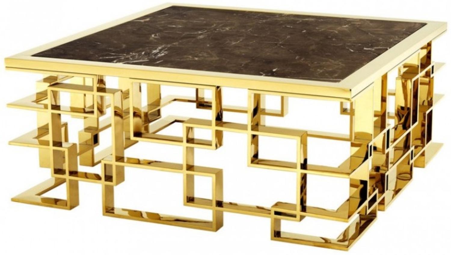 Casa Padrino Art Deco Luxus Couchtisch Edelstahl / Gold Finish mit Marmorplatte 100 x 100 x H. 45 cm - Wohnzimmer Salon Tisch - Hotel Möbel Bild 1