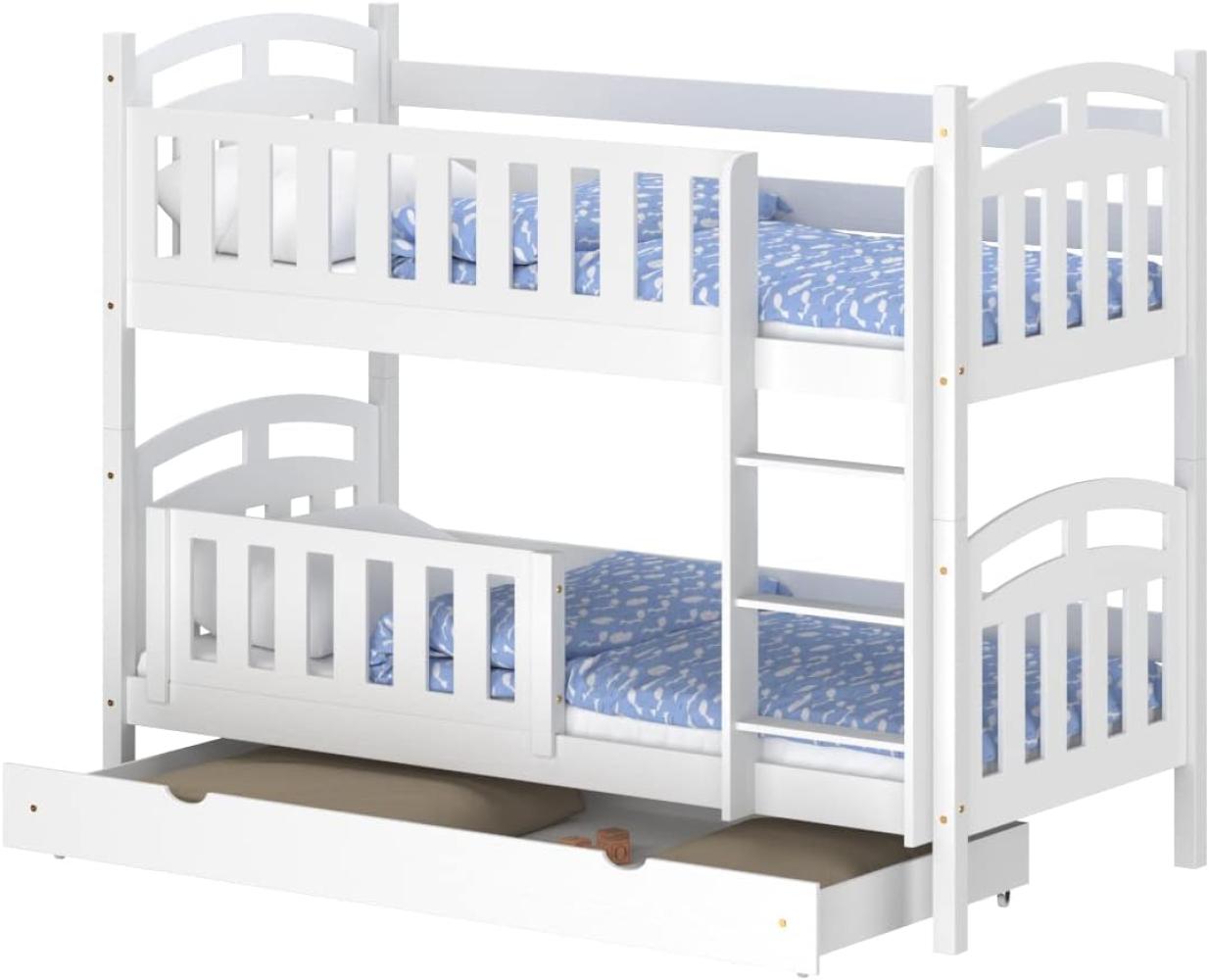 WNM Group Hochbett mit Rausfallschutz und Schublade Suzie - aus Massivholz - Hochbett Kinderbett für Mädchen und Jungen - Absturzsicherung Hochbett - Kinderhochbetten 190x90 cm - Weiß Bild 1