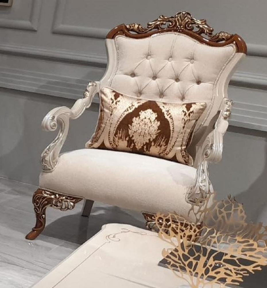 Casa Padrino Luxus Barock Sessel Beige / Grau / Braun / Gold - Handgefertigter Barockstil Wohnzimmer Sessel - Barock Wohnzimmer Möbel - Edel & Prunkvoll Bild 1
