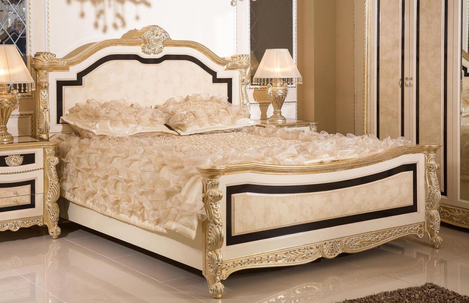 Casa Padrino Luxus Barock Doppelbett Weiß / Beige / Schwarz / Gold - Prunkvolles Barockstil Bett - Luxus Schlafzimmer Möbel im Barockstil - Barock Schlafzimmer Möbel - Barock Einrichtung Bild 1