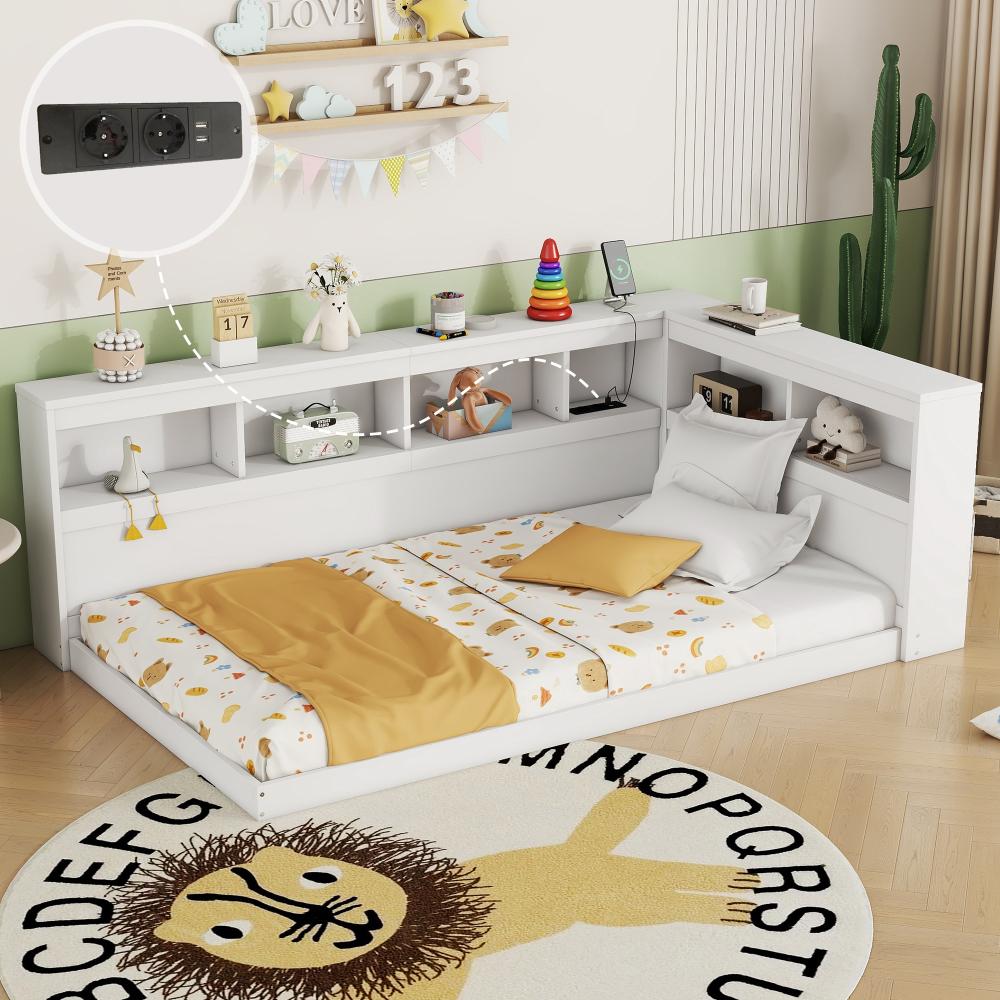 Merax Kinderbett Einzelbett 90x200cm mit Ablagefächer und Ladefunktion, Weiß Bild 1