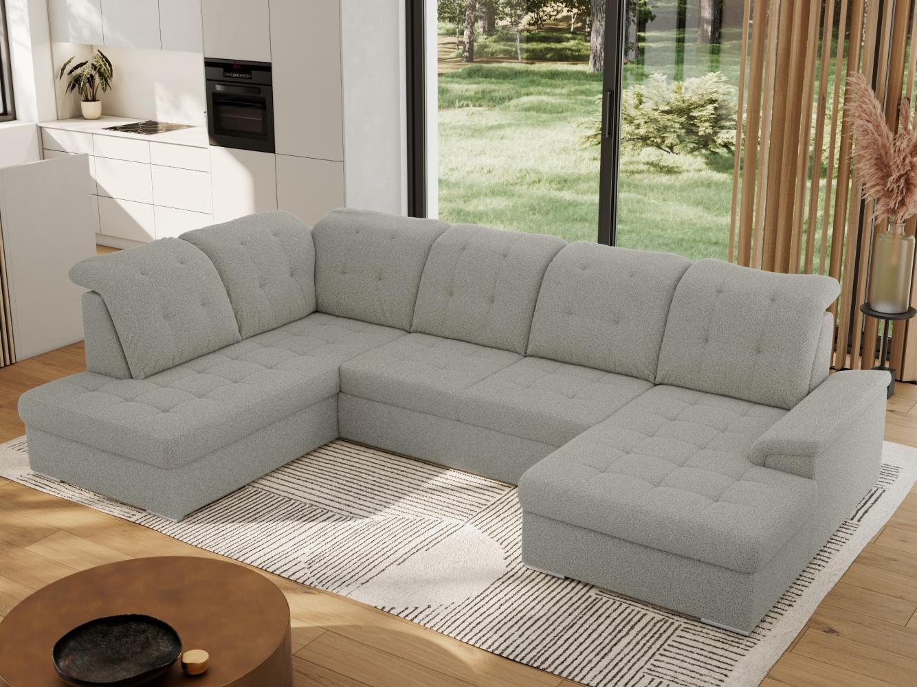 Ecksofa, Wohnzimmer U Couch, Polstersofa mit Bettkasten - MADRITO U - Hellgrau Boucle - Links Bild 1