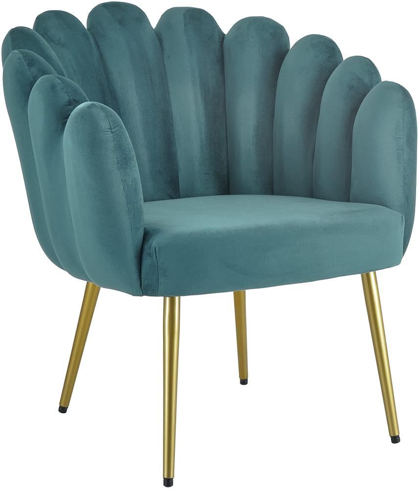 Baroni Home Gepolsterter Sessel mit Muschel-Rückenlehne aus Samt mit goldenen Beinen aus Eisen, Stuhl für Wohnzimmer oder Schlafzimmer, 67 x 64 x 77 cm, Petrol-Beine Gold Bild 1