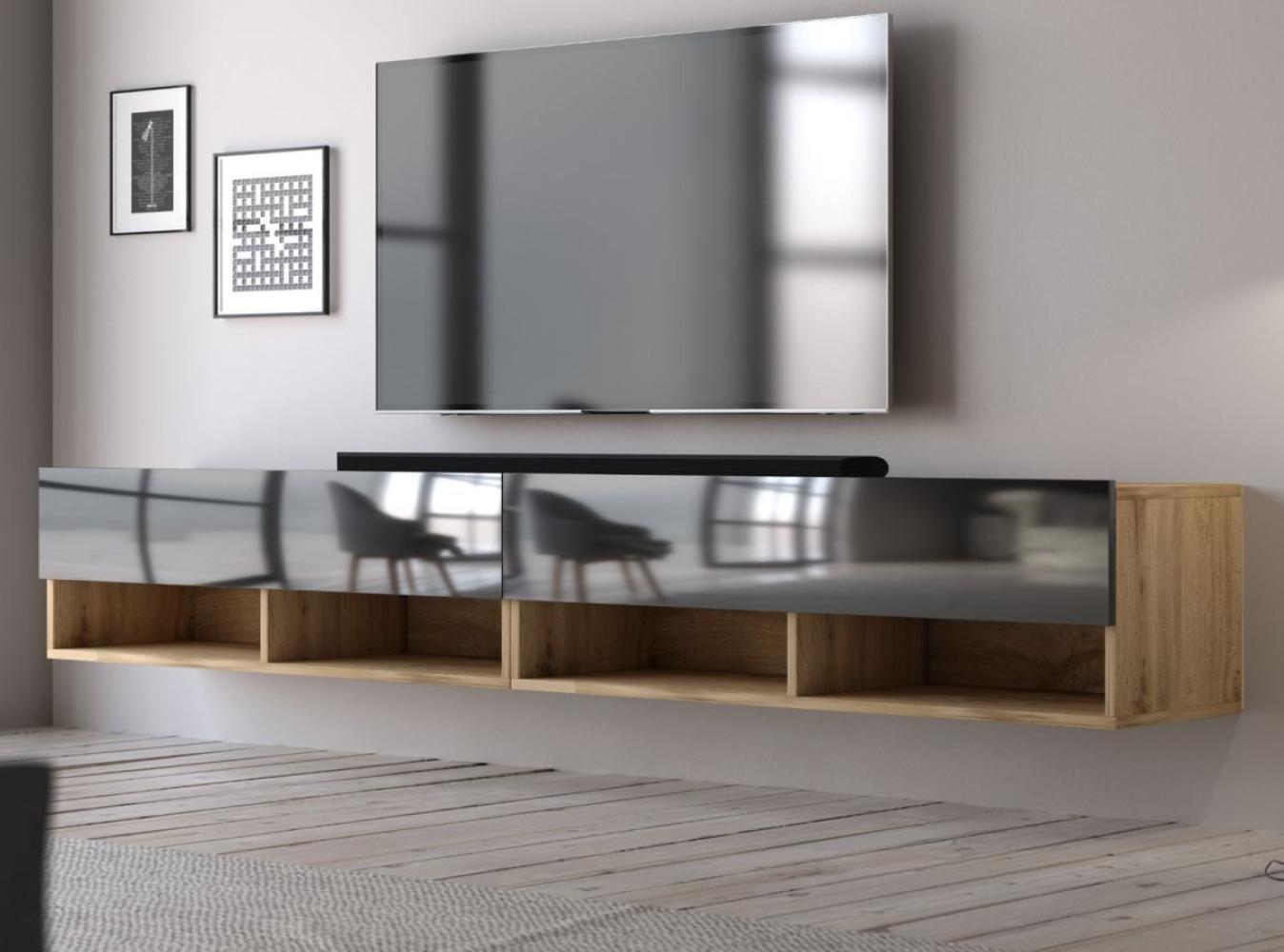 TV-Lowboard Epsom schwarz Hochglanz und Eiche hängend 200 cm Bild 1