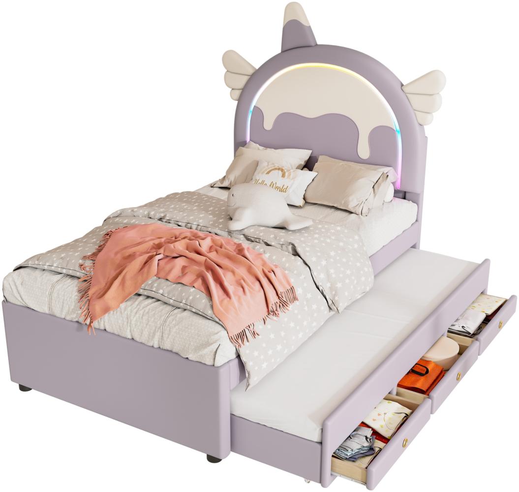 Merax 90*200cm Polsterbett, ausgestattet mit ausziehbares rollbett, PU-Material,Violett Bild 1