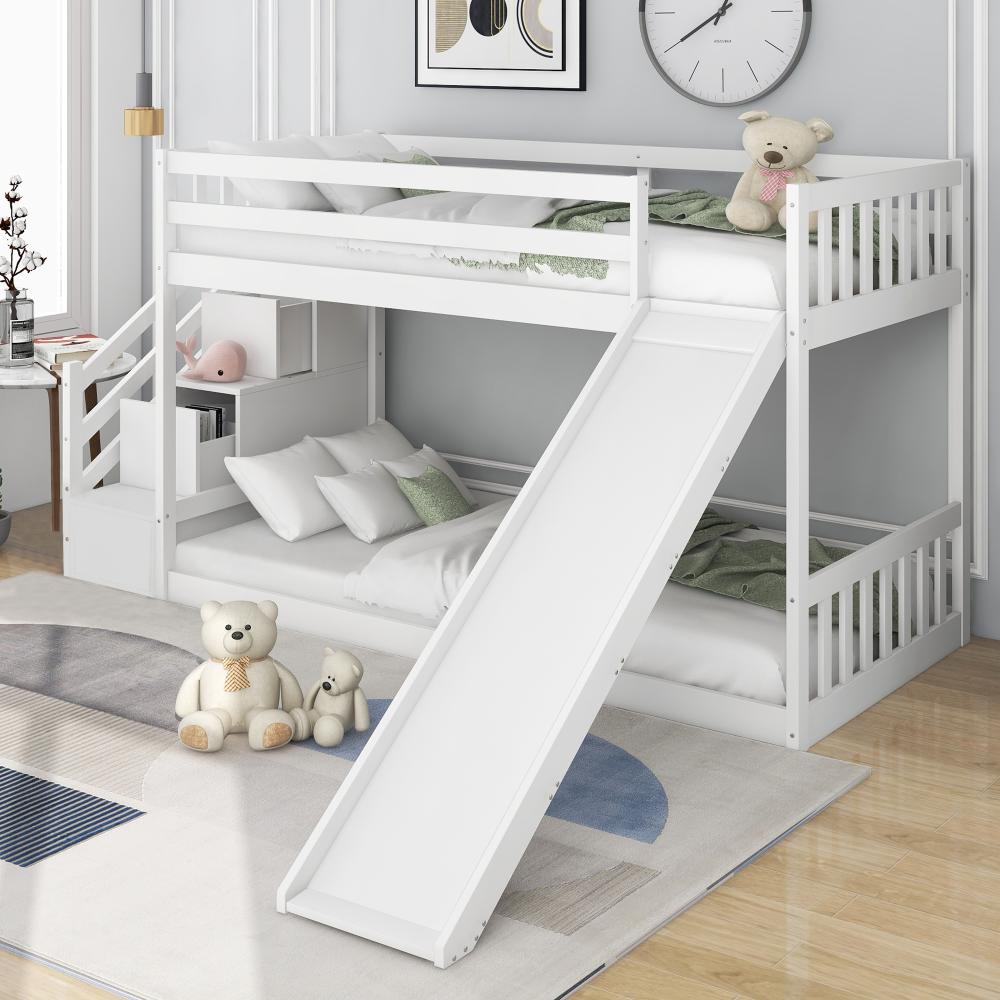 Merax Etagenbett mit Treppe und Rutsche, Rahmen aus massivem Kiefernholz, Kinderbett mit 2 Schubladen in der Treppe, 90x200cm, Weiß Bild 1