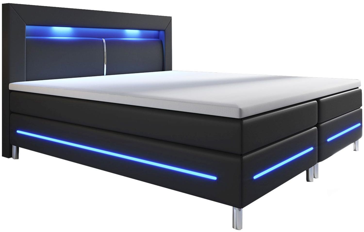 Juskys Boxspringbett Norfolk 200 x 200 cm – LED Beleuchtung, Bonell-Matratzen, Topper & Kunstleder – 66 cm Komforthöhe – schwarz – Bett Doppelbett Bild 1