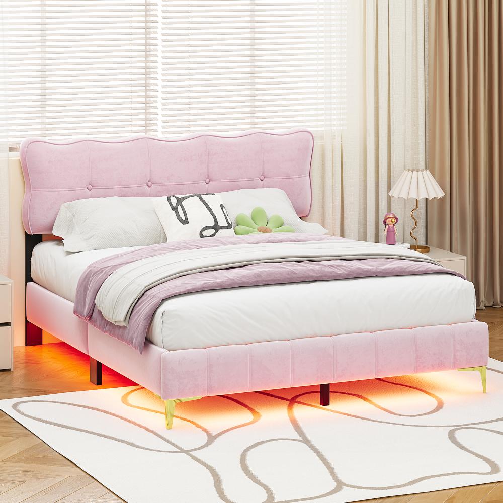 Merax Polsterbett 160 x 200 cm, Doppelbett mit LED-Leuchten Samtstoff hohe Metallfüße Rosa (ohne Matratze) Bild 1