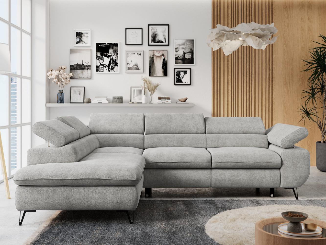 Ecksofa mit Bettfunktion, Modern Sofa, L-form, Einstellbare Kopfstützen, Bettkasten - PETER - Hellgrau Stoff - links Bild 1