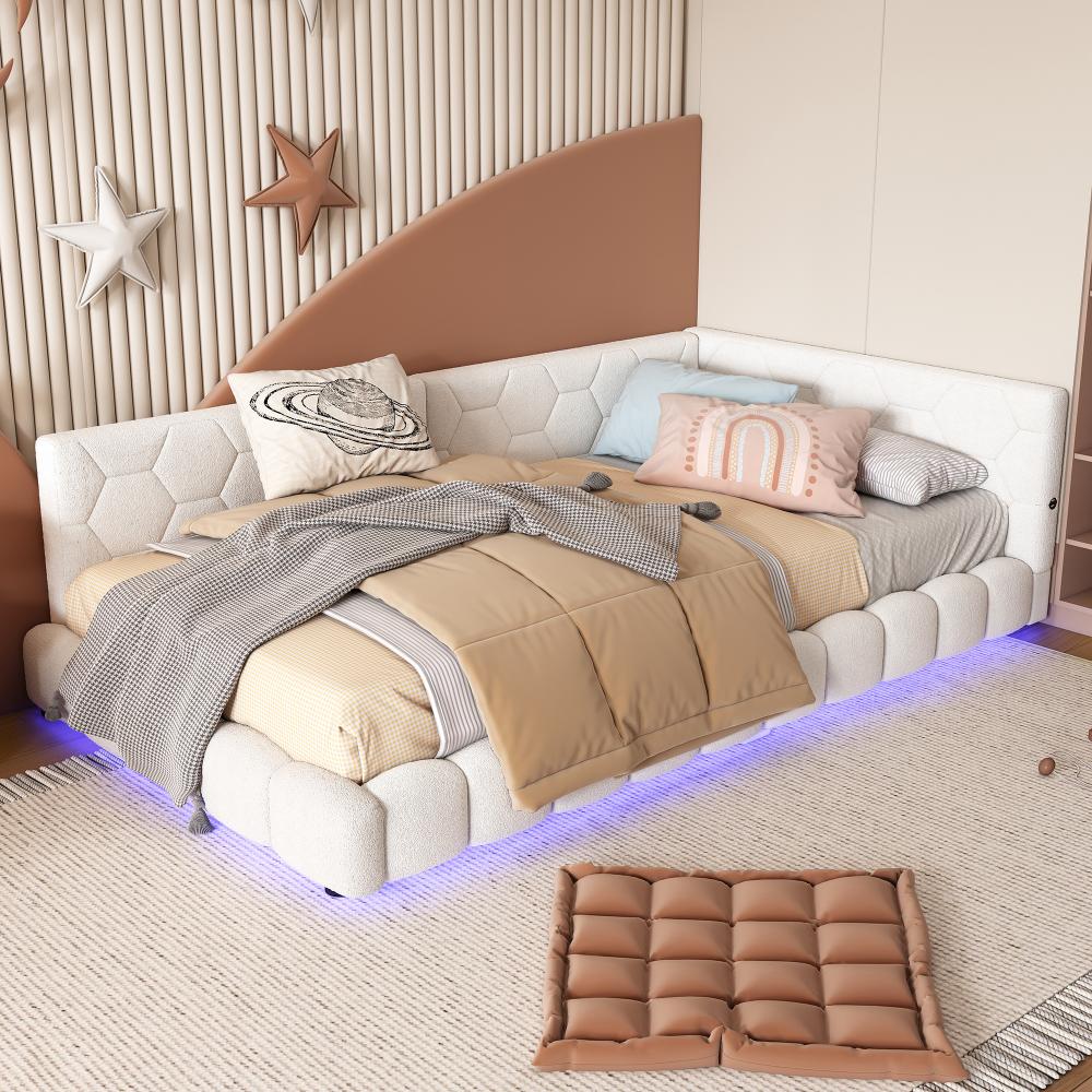 Merax Polsterbett, LED Einzelbett Daybett Tagesbett Samt 90x200cm mit USB-Anschluss Weiß Bild 1
