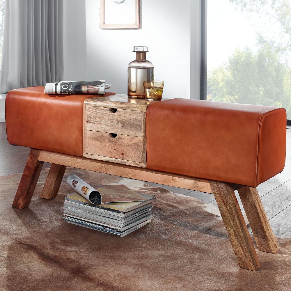 KADIMA DESIGN Retro-Sitzbank mit Schubladen und Stoffbezug: 100% Massivholz, Einzelstück der Extraklasse. Material: Leder Bild 1