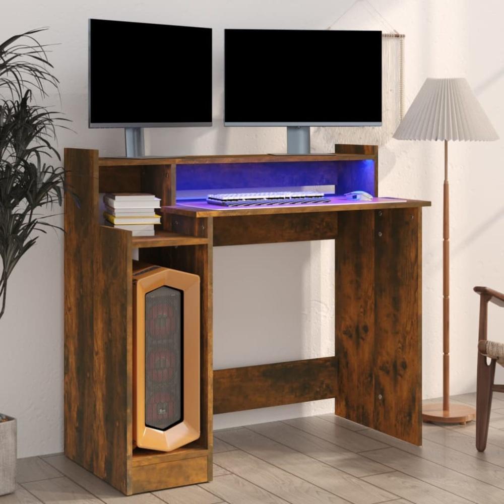 Schreibtisch mit LEDs Räuchereiche 97x45x90 cm Holzwerkstoff Bild 1