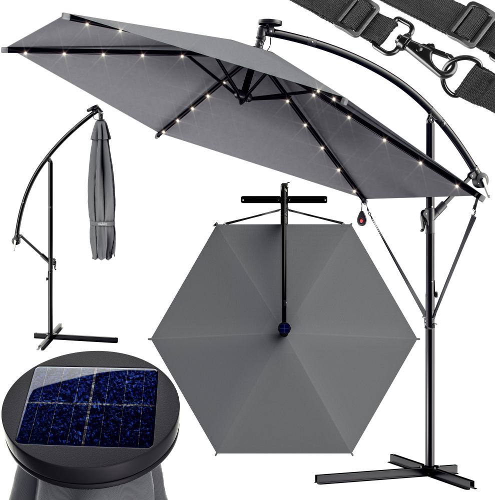 Kingsleeve Sonnenschirm 300 cm LED Beleuchtet UV Schutz 80+ Schutzhülle Windsicherung Kurbel Ampelschirm Anthrazit Bild 1