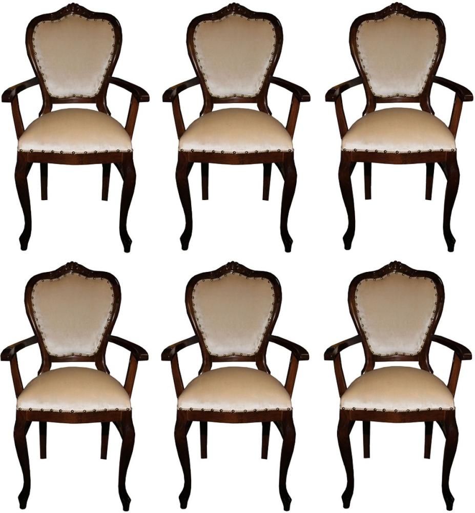 Casa Padrino Luxus Barock Esszimmer Set Creme / Braun 60 x 47 x H. 99 cm - 6 handgefertigte Esszimmerstühle mit Armlehnen - Barock Esszimmermöbel Bild 1