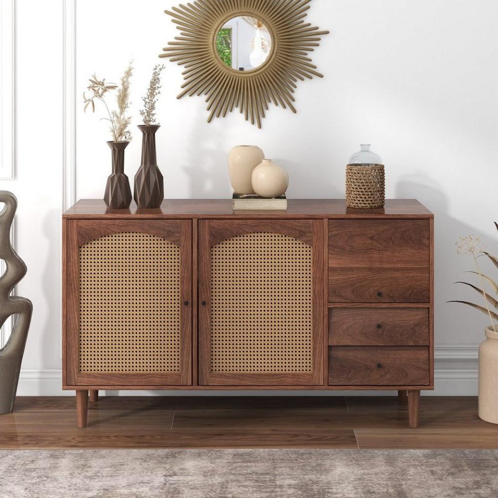 Merax Sideboard Buffet Rattan mit 3 Türen und 2 Schubladen, Antik,Landhaus Stil, Kommode aus Holz und Rattan, B/H/T:130/76/41 cm Bild 1