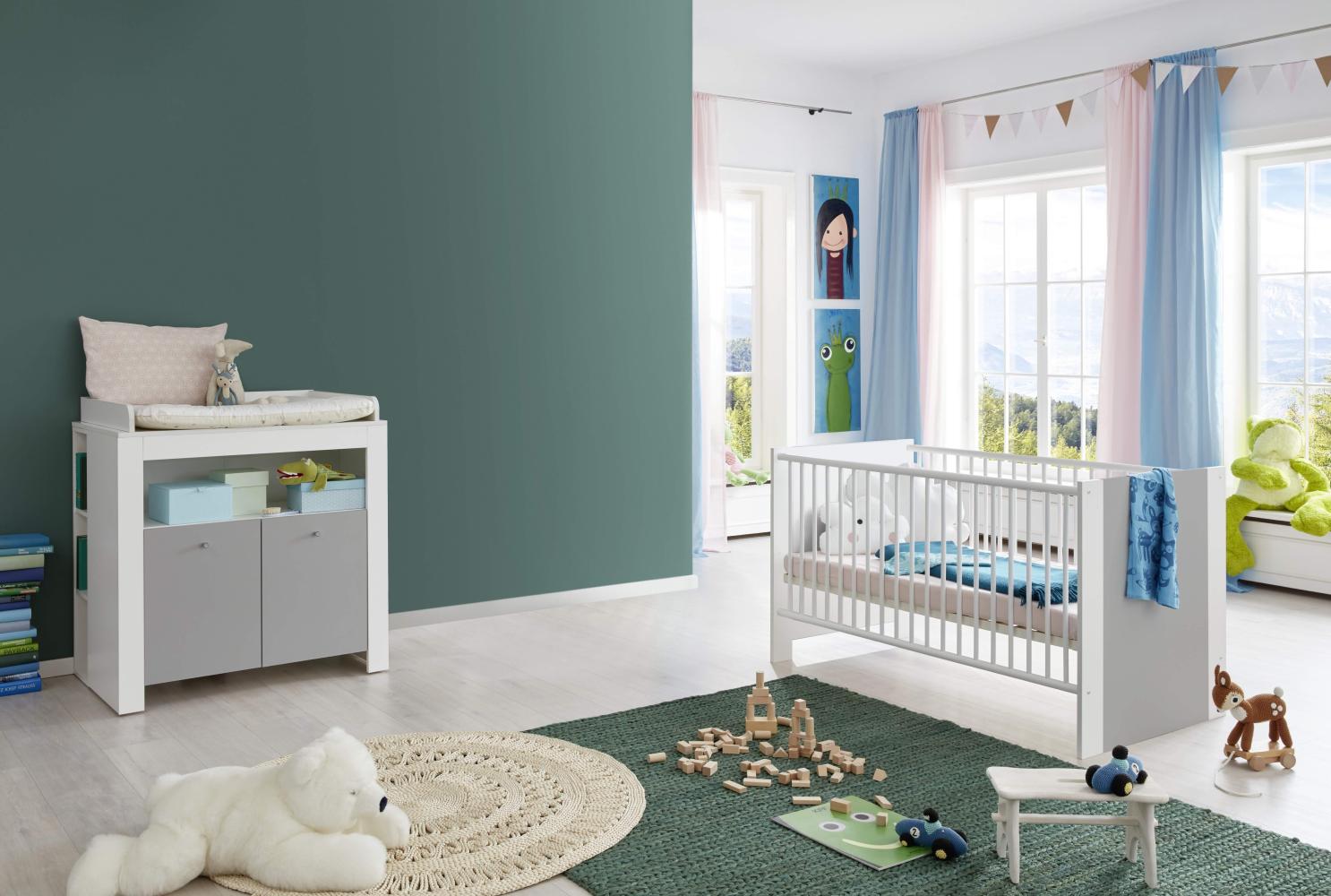 Babyzimmer Pia weiß/grau komplett Set 2-teilig inkl. Wickelkommode und Babybett Bild 1