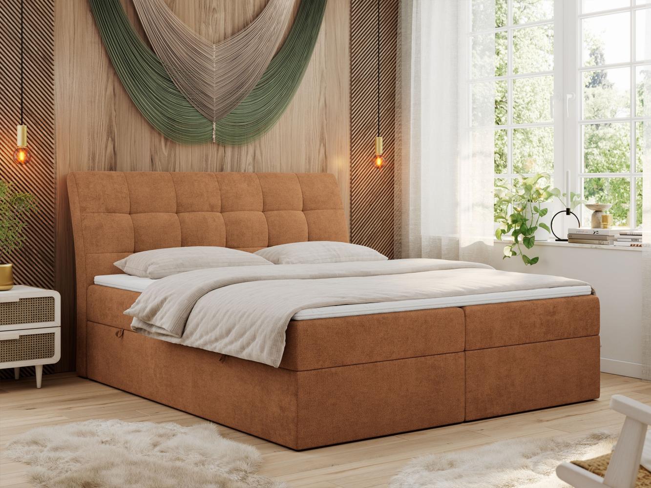 Boxspringbett Polsterbett mit Multipocket-Matratze und Topper - DIEGOS - 200x200cm - Orange Stoff - H3 Bild 1