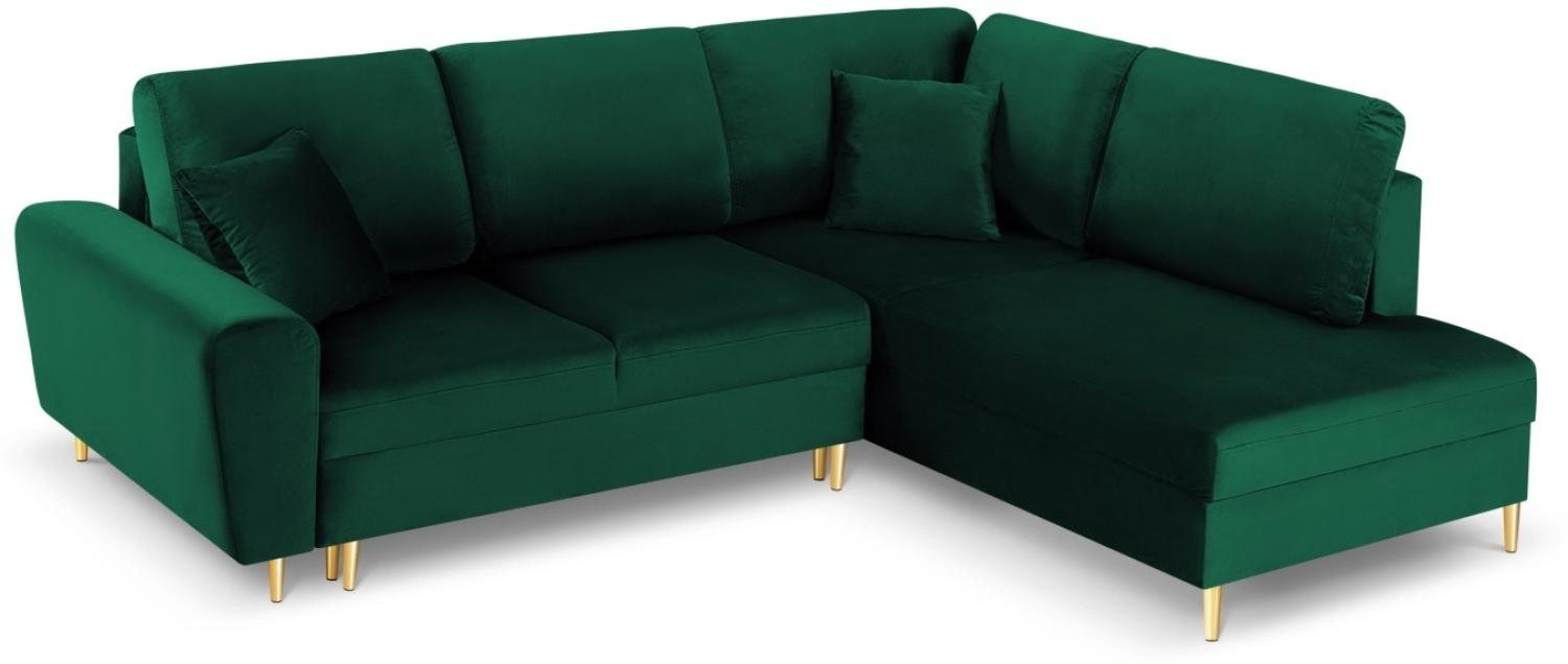 Micadoni 5-Sitzer Samtstoff Ecke rechts Sofa mit Bettfunktion und Box Moghan | Bezug Bottle Green | Beinfarbe Gold Metal Bild 1