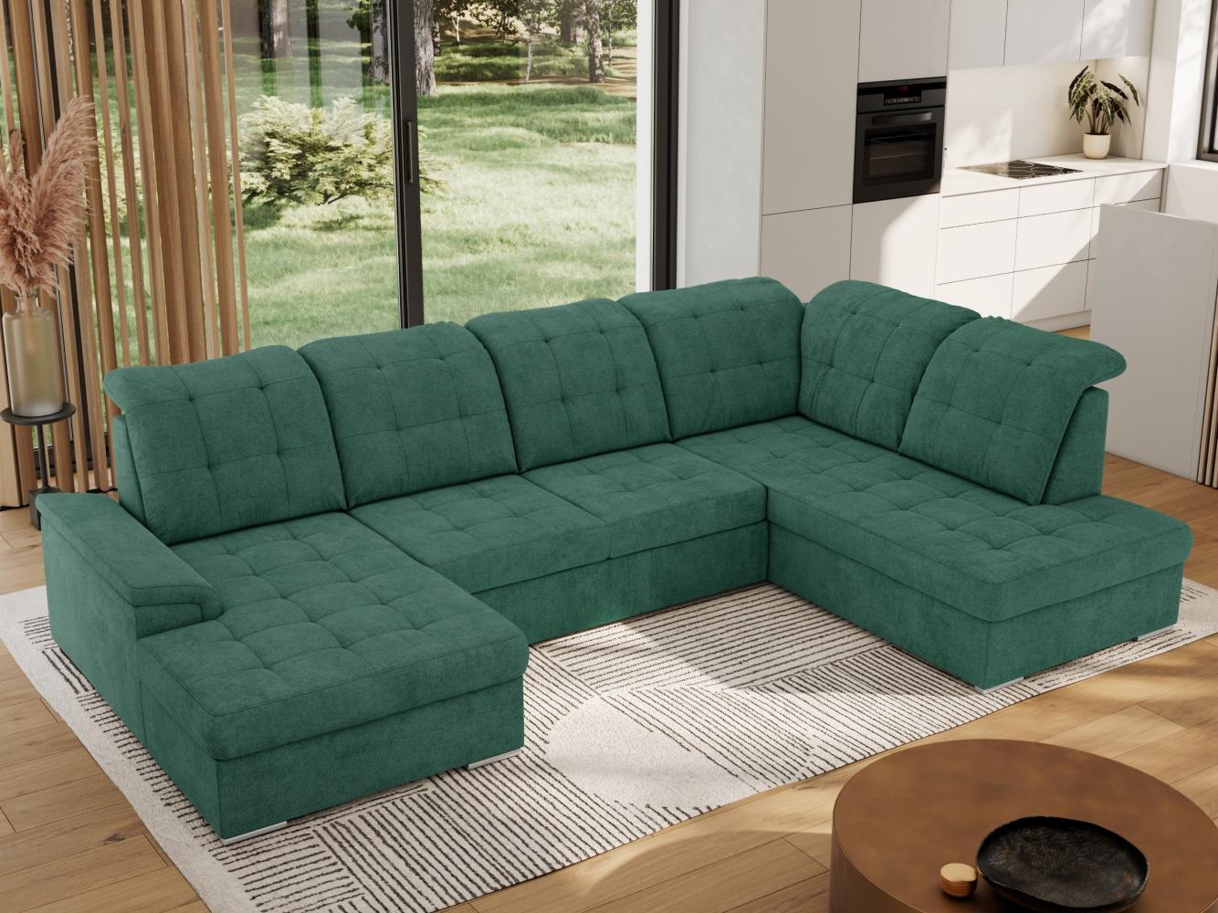 Ecksofa, Wohnzimmer U Couch, Polstersofa mit Bettkasten - MADRITO U - Grün Struktur - Rechts Bild 1