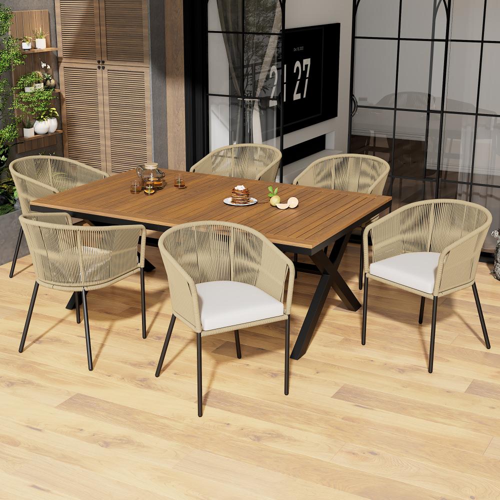 Merax Garten-Essgruppe, 7-tlg, Garten-Lounge-Set aus Seil, 6 Sessel und 1 Tisch, Tisch aus Akazienholz, Mit 6 Sitzkissen, abnehmbar und waschbar Bild 1