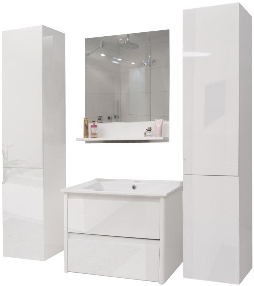 Badezimmerset HWC-B19, Waschtisch Wandspiegel 2x Hängeschrank, hochglanz ~ weiß Bild 1