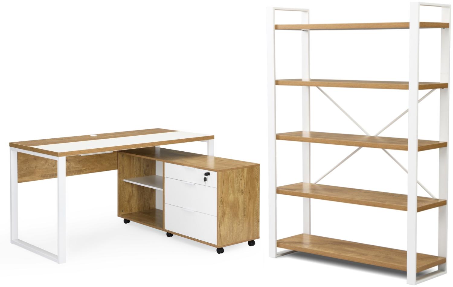 B&D home Büromöbel Set SVEA | Komplettset 3-teilig Schreibtisch Rollcontainer Regal für Jugendzimmer, Büro | modern | 140cm, Wildeiche Optik Bild 1