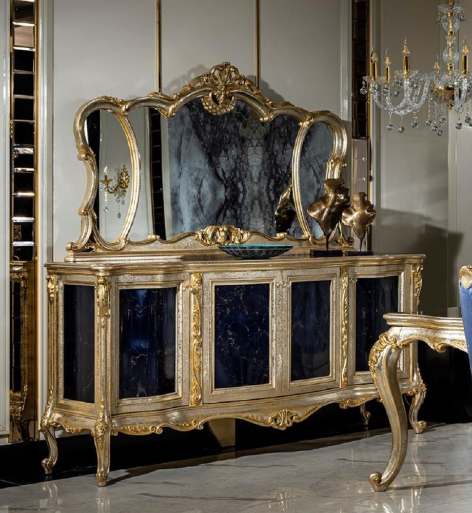 Casa Padrino Luxus Barock Möbel Set Silber / Gold / Blau - 1 Sideboard mit 4 Türen & 1 Spiegel - Handgefertigte Barock Möbel - Edel & Prunkvoll Bild 1