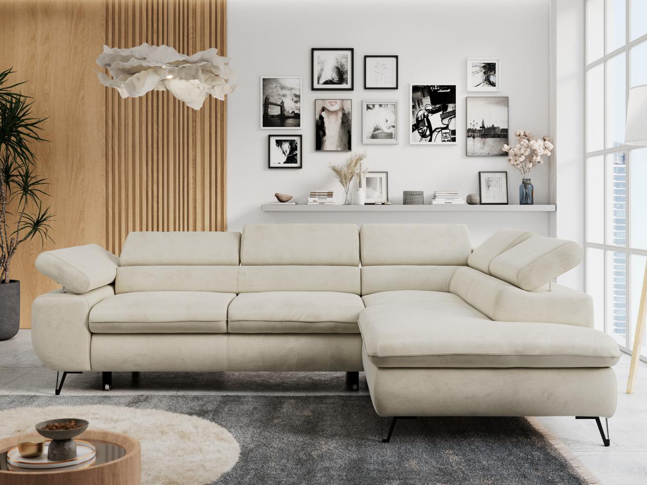 Ecksofa mit Bettfunktion, Modern Sofa, L-form, Einstellbare Kopfstützen, Bettkasten - PETER - Beige Velours - Topper T25 - rechts Bild 1