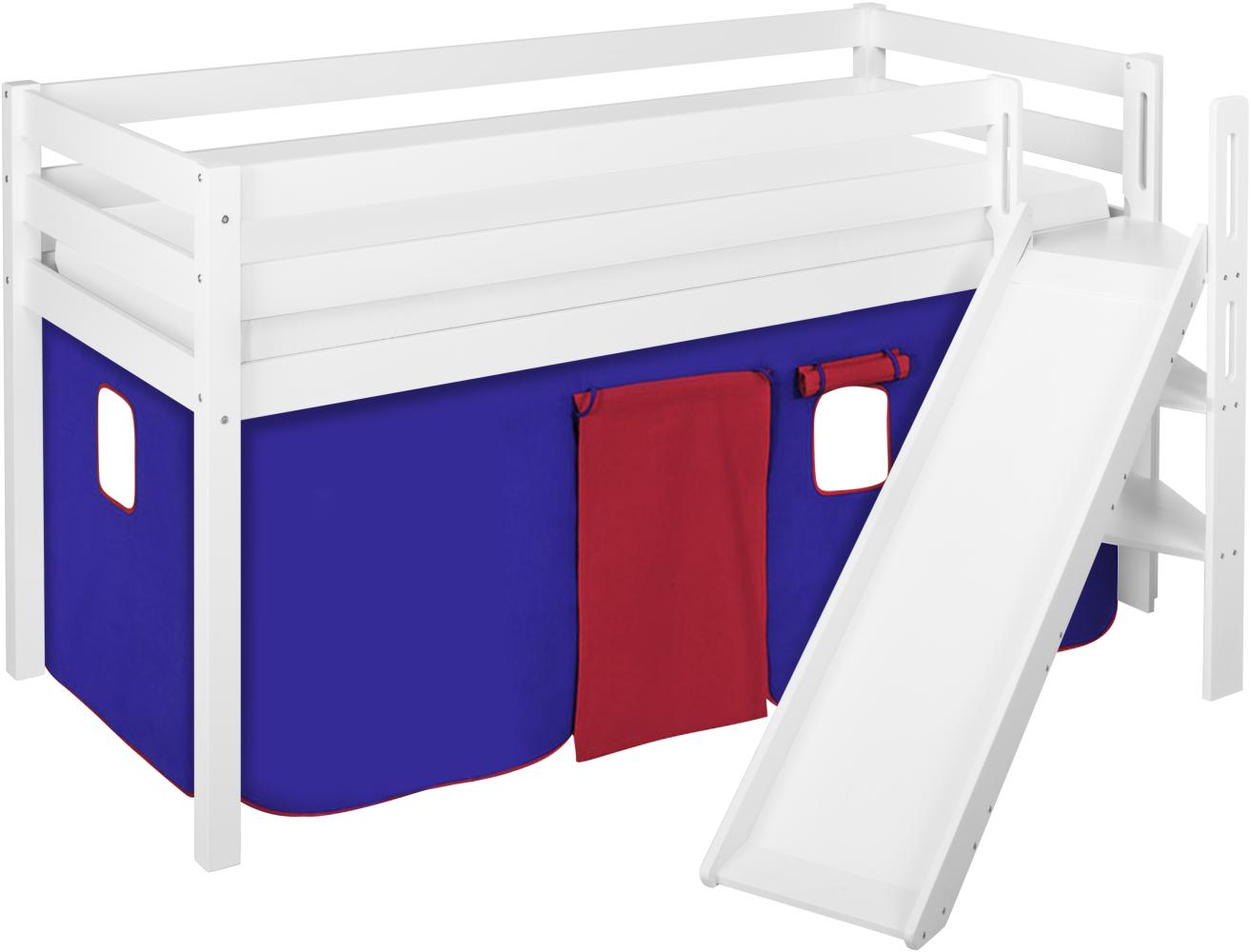 Lilokids 'Jelle' Spielbett 90 x 190 cm, Blau Rot, Kiefer massiv, mit schräger Rutsche und Vorhang Bild 1