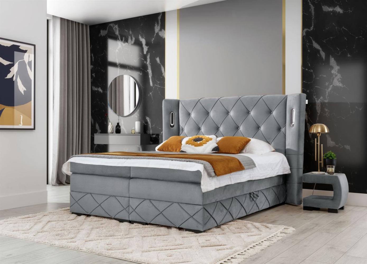 Boxspringbett Schlafzimmerbett ELVIANO 140x200cm Stoff Hellgrau inkl. Ambiente-LED Bild 1