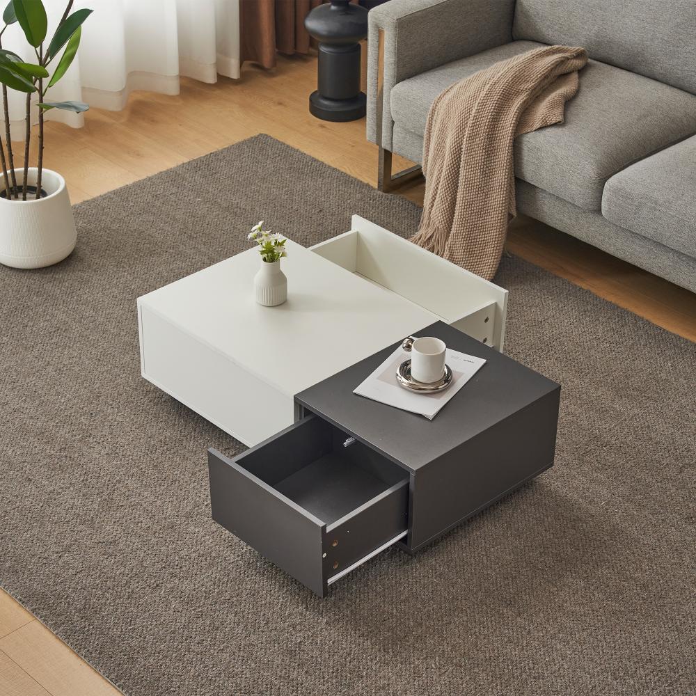 Merax Modernes grau-weißer Rechteckiger Couchtisch 100x50x30 cm - Mit 2 Druckschubladen und Innovativem Design, Niedriger Wohnzimmertisch, Beistelltisch Bild 1